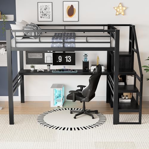 PVWIIK Staircase Queen Size Loft Bed with Desk and Wardrobe,High Loft Bed Frame for Kids Youths Adults Dorm Bedroom, No Box Spring Needed,Black PVWIIK