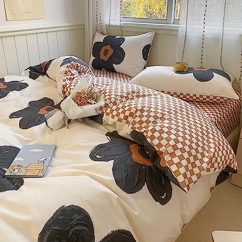 Houseri Black Floral Comforter Set Twin Beige 3D Floral Bedding Comforter Sets Twin Size for Toddler Girls Kawaii Flowers Comforter Cute Relief Print Bedding Beige White Flower Bedding Set Twin Houseri