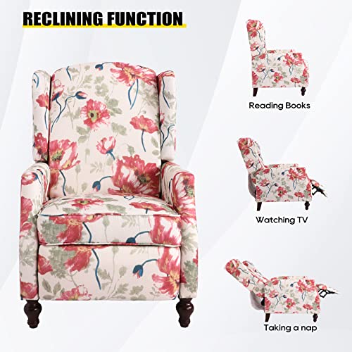 Consofa Upholstered Wingback Recliner Chair, Traditional Push Back Recliner with Padded Seat, Fabric Floral Recliner Wingback Chair, Mid Century Modern Wingback Chairs for Living Room (2,Red Floral)