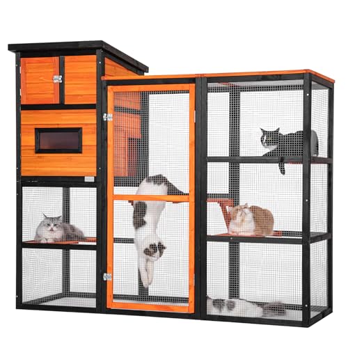 PETSFIT Large Catio Outdoor Cat Enclosure with Waterproof PVC Roof, 4 Larger Platforms and 2 Private Resting Rooms, Orange Large Cat Catio Outdoor, Spacious Shelter for Cats,Kitties & Small Animal Petsfit