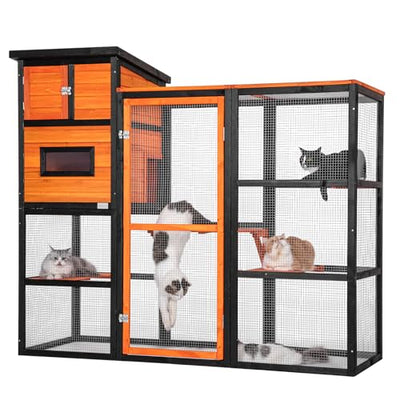 PETSFIT Large Catio Outdoor Cat Enclosure with Waterproof PVC Roof, 4 Larger Platforms and 2 Private Resting Rooms, Orange Large Cat Catio Outdoor, Spacious Shelter for Cats,Kitties & Small Animal
