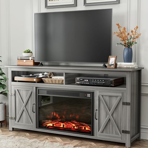 YESHOMY Fireplace TV Stand for Television up to 65+ Inch with Storage and Farmhouse Barn Doors, Entertainment Center with Cabinet and Shelves, Media Console for Living Room, Gray Wash YESHOMY
