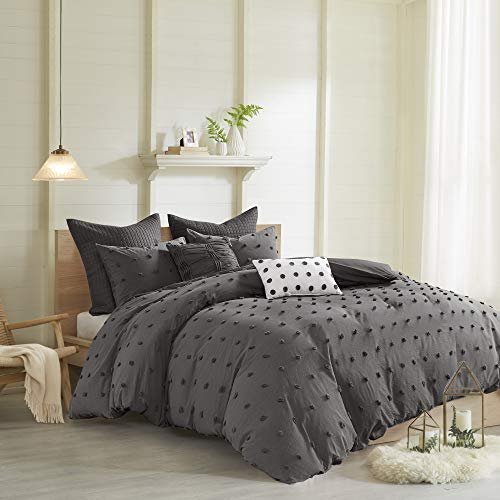 Intelligent Design Cotton Comforter Set - Jacquard Tufts Pompom Design All Season Bedding, Matching Shams, Decorative Pillows, King/California King (104 in x 92 in), Charcoal 7 Piece Intelligent Design