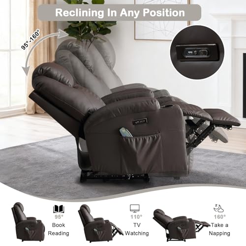 Power Recliner Chair with Heat and Massage for Adults - Home Theater Seating with LED Lights,Cup Holders,Side Pocket,USB Port - Recliner Sofa for Living Room (Brown, Single Recliner)