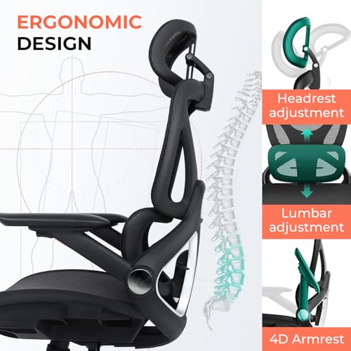 CAPOT Ergonomic Mesh Office Chair, Adjustable Lumbar High Back Desk Chair 400lbs, 4D Flip-up Arms, 3-Level Tilt Backrest, 3D Headrest, PU Wheels, Swivel Rolling Computer Seating for Long Desk Work CAPOT