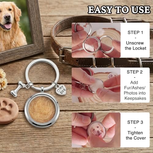 Dog Hair Keepsake Keychain – Dog Fur Locket, Stainless Steel Pet Fur Memorial Keychain with Heart & Bone Charms, Sympathy Gift for Dog Lovers