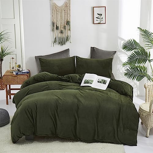 Luxlovery Army Green Velvet Comforter Set Queen Dark Green Flannel Bedding Comforter Blackish Green Minimalist Bedding Set Thick Soft Breathable Blanket Quilts Modern Winter Comforter for Women Men Luxlovery