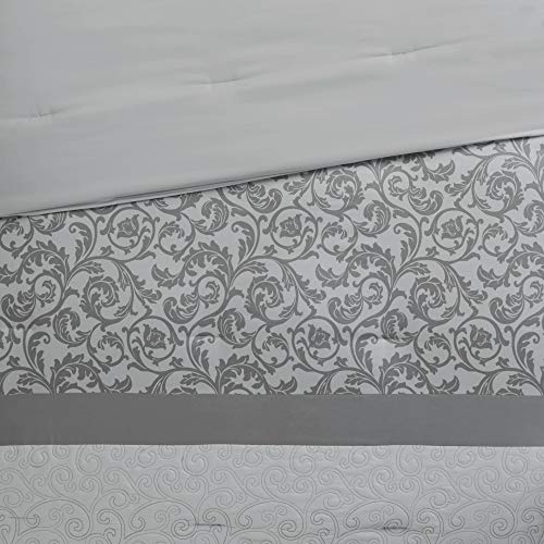 510 DESIGN Luxe Quilted Comforter Set Modern Transitional Design, All Season Down Alternative Warm Bedding Matching Shams, Bedskirt, Decorative Pillow, Cal King, Ramsey Damask Grey