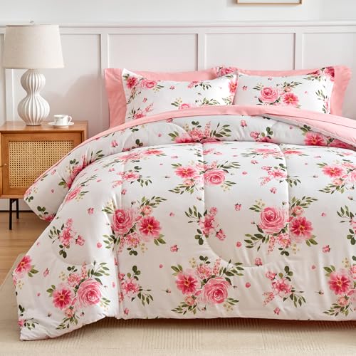 Flower Comforter Sheet Set White Bed in a Bag 7 Pieces Cal King Size Dark Pink Floral Bedding Set (1 California King Comforter 2 Pillow Shams 1 White Flat Sheet 1 Fitted Sheet 2 Pillowcases) UOZZI BEDDING