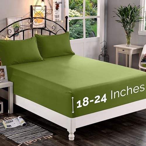 Elegant Comfort 1500 Premium Quality Fitted Sheet Ultra Soft 18-24 Inch Extra Deep Pocket - Single Fitted Sheet for High Mattress - Wrinkle Free with Smart Storage Pockets, Full, Sage-Green Elegant Comfort