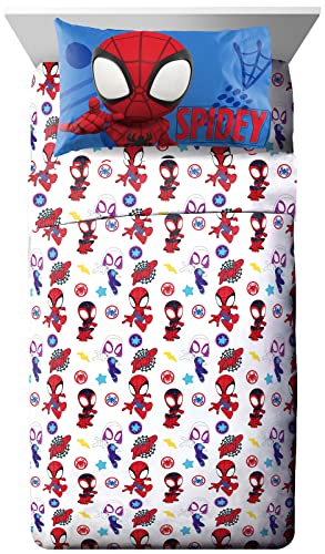 Jay Franco Kids Sheet Set with Fitted, Flat Sheets & Pillow Cover - Ultra-Soft Bedding with Pillowcase for Room Decor, White - Spidey & Friends, 4 Piece Full Jay Franco