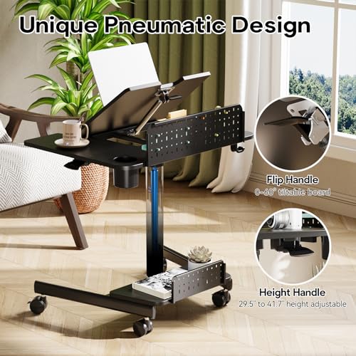 JOY worker Mobile Standing Desk with 60° Tiltable Desktop, 28" Height Adjustable Rolling Desk, DIY Pegboard & Storage Base, Portable Laptop Desk with 4 Lockable Wheels for Home Office, Black JOY worker