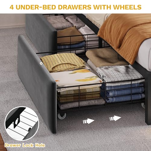 DWVO King Size Bed Frame with RGB LED Lights & Storage Bookcase Headboard, Upholstered Bed with Charging Station and 4 Drawers, No Box Spring Needed, Easy Assembly, Noise-Free, Velvet Grey DWVO