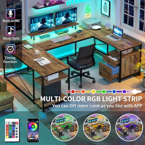 YITAHOME U Shaped Desk with Power Outlets & LED Lights, 79" Reversible L Shaped Desk with Drawers, Corner Computer Desk Office Desk with Monitor Stand & Storage Shelves, Rustic Brown YITAHOME