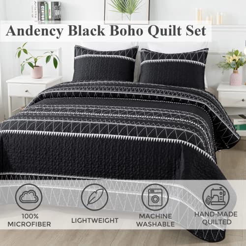 Andency Black Twin Quilt Set, 2 Pieces Boho Lightweight Soft Striped Bedspread for All Season (68"x86"), Printed Bohemian Microfiber Reversible Coverlet Comoforter Sets Andency