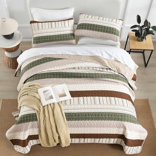 DJY Striped Quilt Set Twin Size, Boho Brown Green Striped Bedspread Coverlet Set Soft Microfiber Patchwork Quilt Bedding Set 3 Pieces for All Season(86"x68") DJY