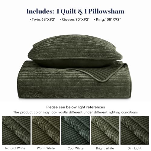 PHF Luxury Velvet Quilt Set Twin Size – 2PCS Ultra Soft Quilted Comforter Alternative with Striped Channel, Cozy Quilted Bedspread, 1 Coverlet with 1 Matching Sham, 68" x 92", Smokey Olive PHF