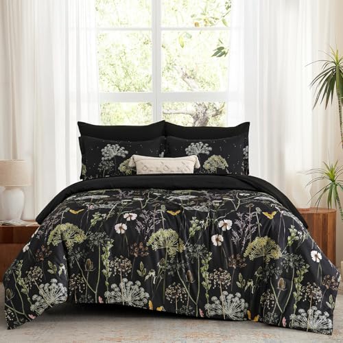 Yiran King Size Comforter Set, 7 Piece Comforter Floral Black Green Bedding Set, Soft Bed in a Bag King, Comforter, Sheets, Pillowcases & Shams Yiran