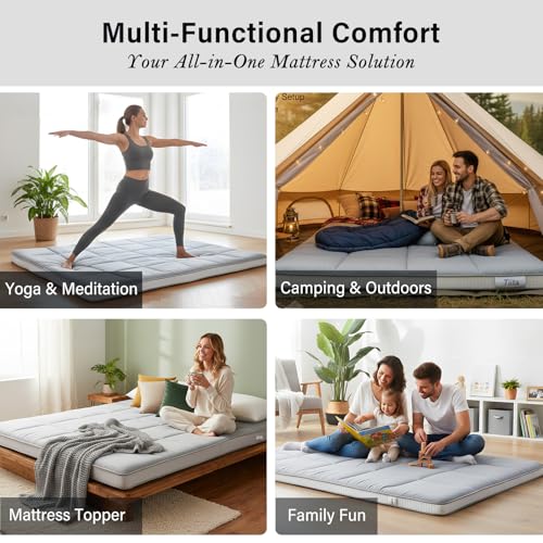 Tiita Queen Memory Foam Mattress Topper, 4" Thicken Futon Floor Mattress with Storage Bag and 2 Straps, Portable Roll Up Travel Car Camping Mattress Sleeping Pad, Grey Tiita
