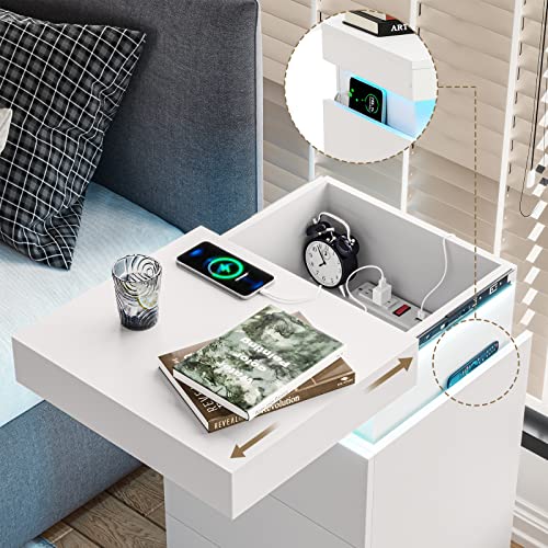 ADORNEVE Nightstand with Charging Station and LED Lights,Night Stand with Sliding Top for Bedroom,Bedside Table with Drawers,Modern End Side Table,White ADORNEVE