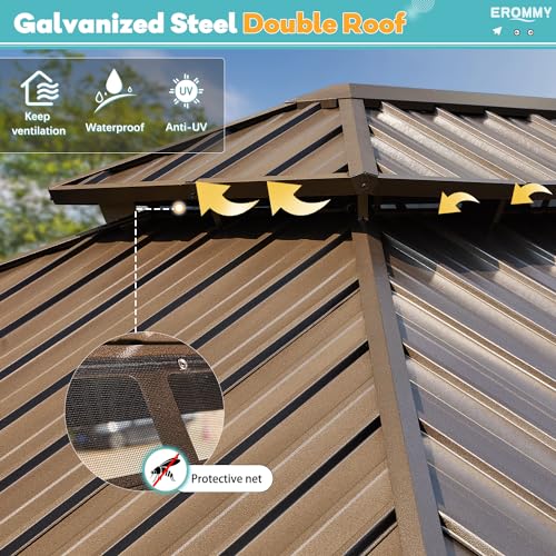 EROMMY 10' x 12' Hardtop Gazebo, Galvanized Steel Double Roof Gazebo with Aluminum Frame, Permanent Outdoor Metal Pavilion with Curtain and Netting for Patio, Lawn and Garden EROMMY