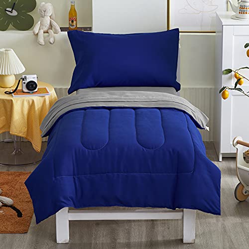 UOZZI BEDDING 4 Pieces Toddler Bedding Set Ultra Soft and Breathable Toddler Sheet Set - Includes Comforter, Flat Sheet, Fitted Sheet and Pillowcase - Royal Blue & Gray UOZZI BEDDING