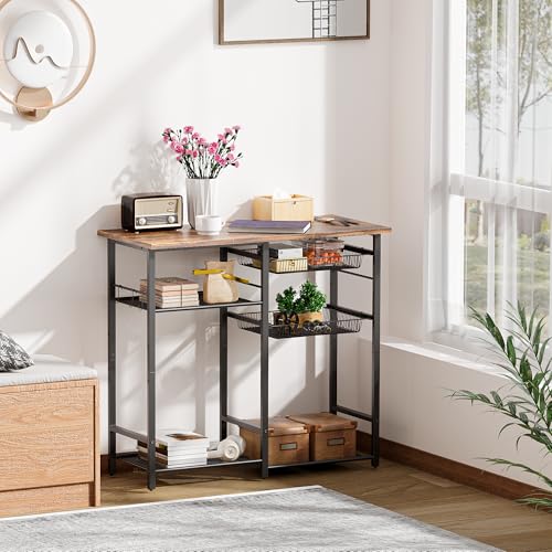 LAKEMID Kitchen Bakers Rack,Microwave Stand with Storge 3-Tier,Coffee Bar Station,6 S-Shaped Hook,Kitchen Storage Shelf,33.7D x 14.9W x 29.9H Inches,Rustic Brown