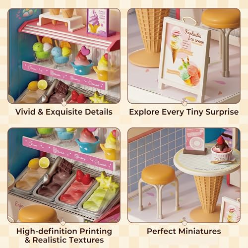 Tkmango Ice Cream Shop Super Miniature House Kit - DIY Plastic 3D Model Building Set for Adults & Teens, Build Your Own Sweets Dessert Shop with Dustproof Case, Creative Craft Gift for Girls Women