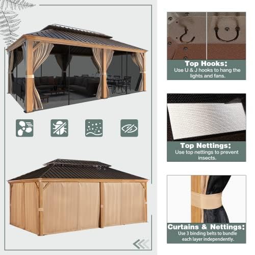 MELLCOM 12' X 20' Hardtop Gazebo, Wooden Finish Coated Aluminum Frame Gazebo with Galvanized Steel Double Roof, Brown Metal Gazebo with Curtains and MELLCOM