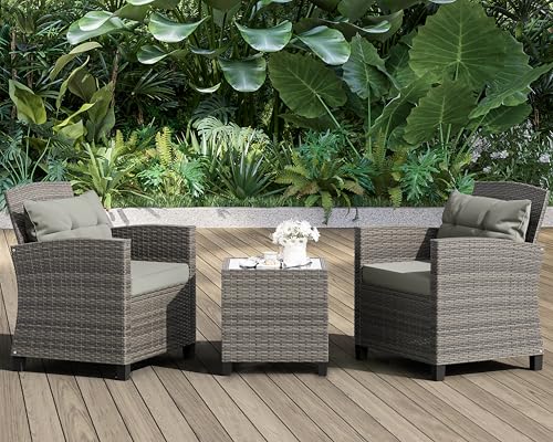 Shintenchi 3 Pieces Patio Furniture Set 3 Pieces PE Rattan Wicker Chairs with Table Outdoor Furniture for Backyard/Garden/Poolside/Outdoor Restaurant Gary Rattan with Gary Cushion Shintenchi