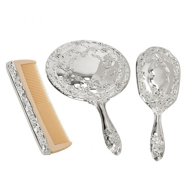 Creative Gifts International Nickel Plated Brass, Non-Tarnished 3-Piece Vanity Set, Brush, Comb, Mirror Set with Embossed Ornate Vintage Designs, Gift Box Included Creative Gifts International