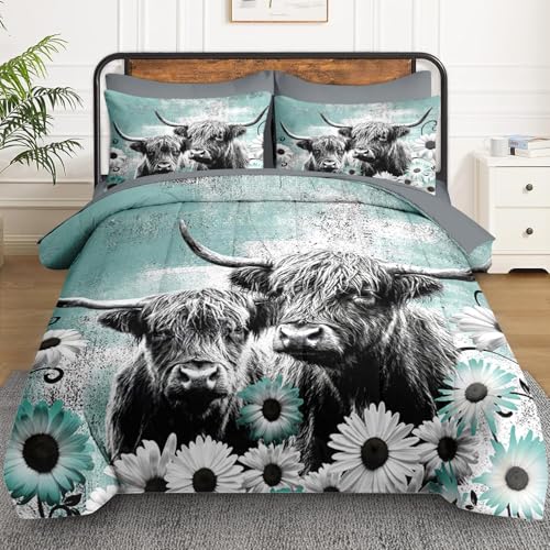 WeCozy 7 Pcs King Size Comforter Set with 2 Pillowcases & 2 Shams, Highland Cow Animal Bedding for Kids and Adults, Farm Daisy Bed in a Bag with Flat Fitted Sheet WeCozy