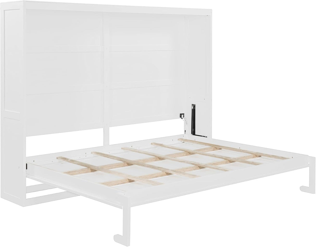 Virubi Queen Horizontal Fluted Murphy Bed with LED Lights,Wood Folding Hideaway Murphy Chest Bed for Adult Guest Room Living Room Bedroom (White) Virubi