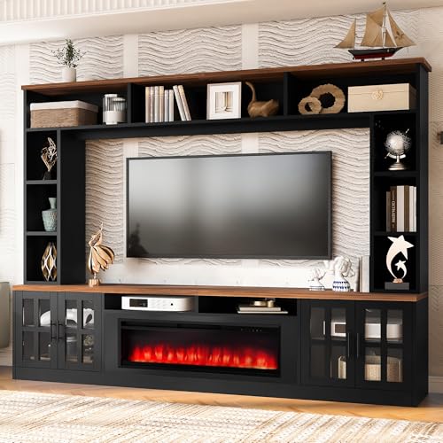 95.5" W Wall Unit Entertainment Center with Bookshelves for TVs up to 80", Modern TV Stand Media Console with electric fireplace Cabinets, and Adjustable Shelves for Living Room (Black+Brown#53) Brabrety