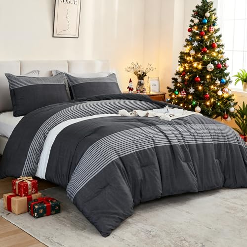 Litanika Queen Comforter Set Black White Grey - 3 Pieces Lightweight Summer Bedding Set, All Season Down Alternative Comforter (1 Comforter, 2 Pillowcases) Litanika