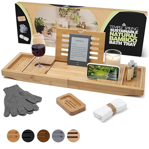 Temple Spring Bathtub Tray -Bamboo Luxury Bathroom Accessories-Bath Spa Gifts for Women & Men-Bath Tray for Bathroom Essentials-Bath Caddy Bath Tray for Tub-Wooden Tray for Bathtub Accessories-Natural Temple Spring