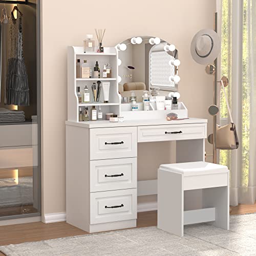 Vabches Makeup Vanity Desk with Lights and 4 Drawers, White Vanity Set Makeup Table Lots Storage, 3 Lighting Colors, Large Size 39.4in(L) Vabches