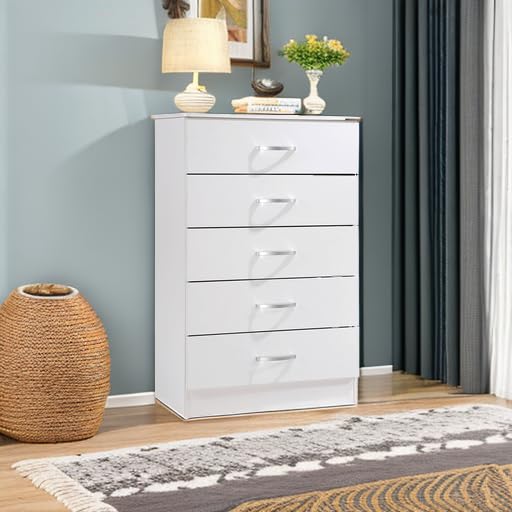 HODEDAH 5 Drawer Wood Dresser for Bedroom, Chest of Drawers with Metal Rails for Support when Storing Clothing, White Hodedah