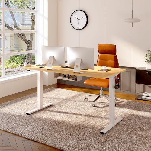 FLEXISPOT EN2 Whole-Piece Standing Desk with Clamp Power Strip, 48 x 24 Electric Stand Up Height Adjustable Desk with Cable Management (White Frame + 48" Maple Top) FLEXISPOT