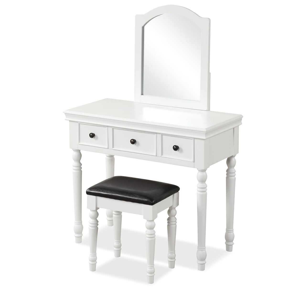 CHARMAID Makeup Vanity Desk with Mirror and Stool, 34'' Wide Vanity Table Set with Large Mirror, 3 Drawers, Cushioned Stool, Solid Wood Legs, Bedroom CHARMAID