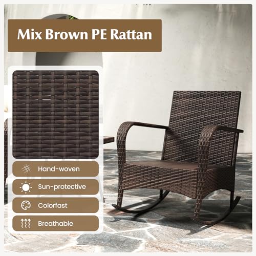 Tangkula 3 Pieces Rocking Bistro Set, Patiojoy Outdoor PE Rattan Rocker Chairs with Removable Cushions & Tempered Glass Top Coffee Table, Outdoor Wicker Furniture Set for Porch, Garden (Grey) Tangkula