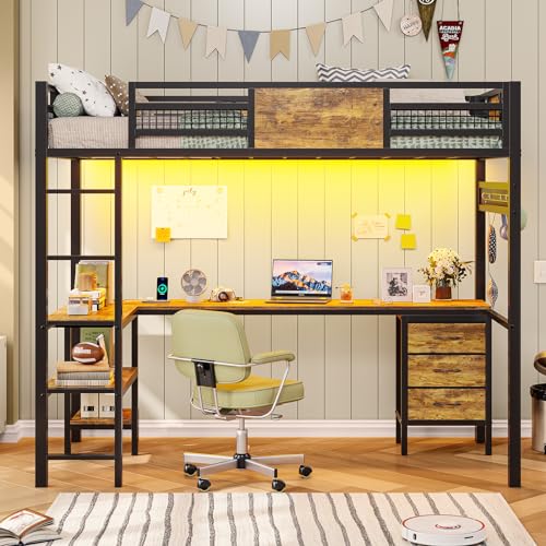 Twin Metal Loft Bed with L-Shaped Desk, LED Lights & Charging Station by ADORNEVE in Black ADORNEVE