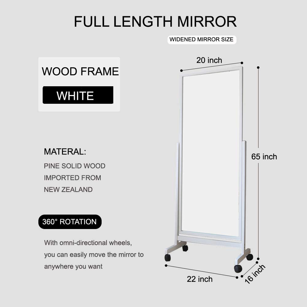 AISUNDY Swivel Adjustable Full Length Mirror on Wheels, Pine Wood Frame Cheval Bedroom Floor Mirror Dressing Mirror Body Mirror with Standing Holder (White, 65"x22") AISUNDY