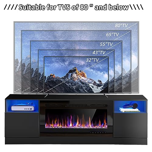 AHB Fireplace TV Stand, LED Light Entertainment Center with 36 Electric Fireplace and Storage Cabinet, Media Console Table for TVs Up to 80 Inches, Ideal for Living Room, 70 Inches (Black) AHB
