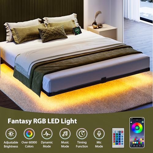 Bed Frame Queen Size, Floating Bed Frame with Smart LED Lights & Charging Station, Modern Metal Platform Queen Bed Frame with Mattress Slide Stopper, Noise-Free, No Box Spring Needed, Easy Assembly MORICAD