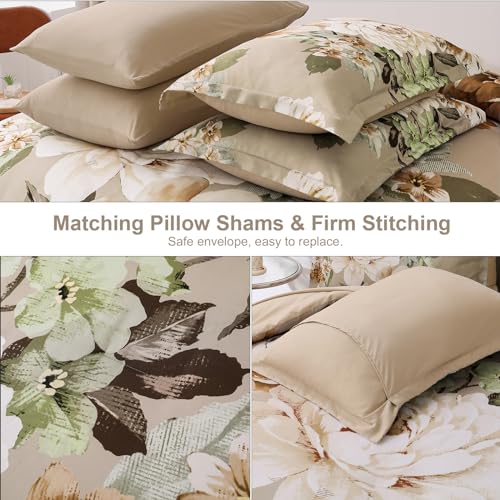 Dintszyayue Khaki Floral Comforter Set King Size 7 Pieces Bed in a Bag Elegant Flower Bedding Set for All Season with Flat Sheet, Fitted Sheet, Pillowcases & Shams Dintszyayue