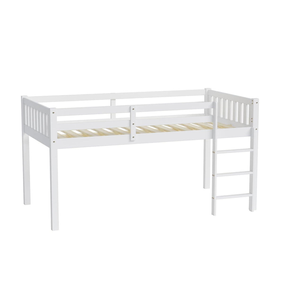 JOYMOR Twin Loft Bed Low Loft Bed Frame for Little Kids Small Room/Low Ceiling Bedrrom with Guardrail and Ladder, White JOYMOR