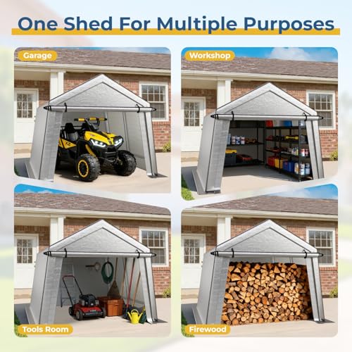LINKHOO 10x10 FT Portable Garage Carport, Heavy-Duty Storage Shed with 220G Waterproof PE Tarp, Roll-Up Zipper Door & Vent, for Motorcycle, Bike, UTV, Tools, Outdoor Equipment, Gray LINKHOO