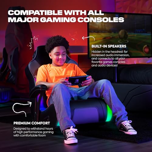 X Rocker G-Force RGB LED Video Gaming Floor Chair with Armrests, Built-In Audio via Wireless Bluetooth, Foldable, Vegan Leather, 250 lbs Max, Black X Rocker