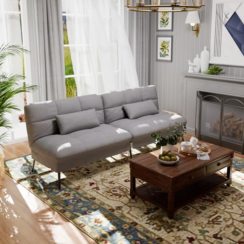 COMHOMA Convertible Futon Sofa Bed, 72″Fabric Futons Couch with Adjustable Backrest, Folding Sleeper Recliner for Living Room Furniture (Grey) COMHOMA
